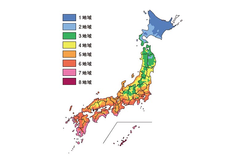 断熱性能に区分された日本地図
